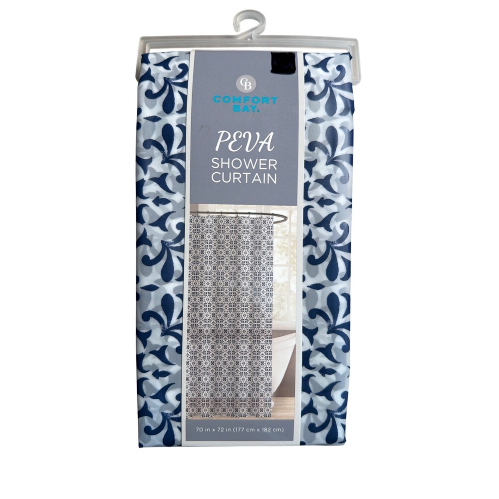 Comfort Bay Shower Curtain 70x72 Blue White NEW PEVA Medallion Floral Pattern
